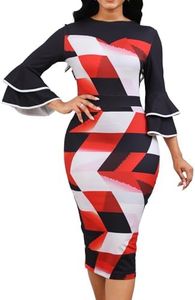 Red and White Church Dresses for Women Sexy Crewneck 3/4 Ruffles Sleeve Knee Pencil Afican Print Split Dress Party Night with Zipper