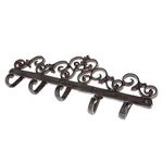 HOMESCAPES Wall Mounted Coat Rack with Ornate Swirl Design and 5 Coat Hooks - Antique Style Brown Cast Iron