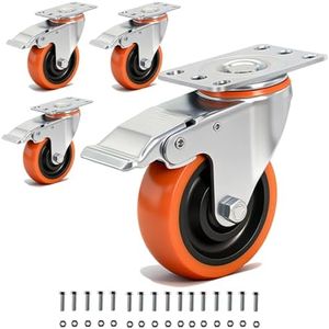 TESUMI Caster Wheels 4" Inch Heavy Duty Casters Set of 4 with Brake Total Capacity 2200lbs Swivel Plate Industrial PU Wheel Locking Casters for Cart, Furniture, Trolley, Workbench-Orange
