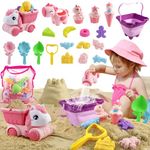 Beach Toys Set for Girls, Sand Toys with Collapsible Castle Bucket, Sand Truck, Ice Cream Sand Molds, Shovels and Watering Can,Travel Sandbox Toy with Mesh Bag for Kids Toddlers 18 Month+