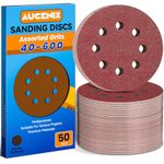 Aucenix 50PCS 125mm Sanding Discs: 8 Holes (40/60/80/120/150/180/240/320/400/600) Assorted Grits Sanding Pads - Hook and Loop Sandpaper Sheets for Random Orbital Sander for Wall Metal Wood