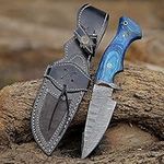 Unique Blades'10 Custom Handmade Damascus Hunting Knife for Skinning Camp Outdoor Damascus Steel Survival Hunting Bowie Knife With Horizontal Carry Sheath 10 Inch Fixed Blade Damascus Hunting Belt Knife for Camping, Bushcraft Ergonomic Blue Wood Handle...