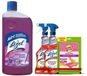 Lizol Kitchen Cleaner Spray - 450ml (Pack of 2) + 1 Free Scotch-Brite Sponge Wipe & Lizol Disinfectant Surface & Floor Cleaner Liquid, Lavender - 1 Litre