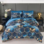 ANGIYUIN Blue Gold Marble California King Bedding Sets for Women Men, 7Pcs Geometric Hexagon Theme with Gold Leaves Bed in A Bag with Sheets, Watercolor Honeycomb Soft Bedding Comforter Set