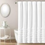 Lush Decor Avery Shower Curtain Ruffled Vintage Chic Farmhouse Style Bathroom, 72” x 72”, White