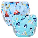 Teamoy Reusable Swim diapers, 2 Pcs Pack Washable Swimming diapers for Baby Boys & Girls, Ideal for Swimming Lessons/Holiday, Utility Vehicle + Blue Sailboat