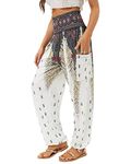 QIANXIZHAN Women's Harem Pants, High Waist Yoga Boho Trousers with Pockets, Fower White, Large