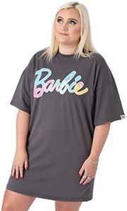 Barbie Oversized T-Shirt Dress Ladies Womens | Adults Pastel Rainbow Logo Short Sleeve Outfit | Charcoal Grey Gifts