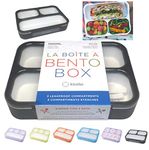 Bento Lunch Box For Adults, Kids | Leakproof Meal Prep Portion Control Boxes Japanese Style for Boys Teens 3 Compartment Slim Container For Work, School | Eco-friendly Divided Containers, Grey - Black