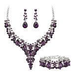 Ever Faith Banquet Prom Jewelry Set for Women, Elegant Crystal Flower Round Teardrop Statement Necklace Dangle Earrings Bracelet Set Dark Purple Silver-Tone