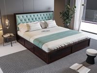 SABTA Craft Wooden Queen Size Bed with Box Storage for Bedroom, Green Upholstered Cushioned Headboard, Solid Sheesham Wood, Walnut Finish, Mattress Size: 78 X 60 in