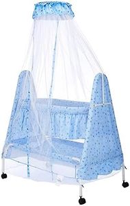Amazon Brand - Supples Baby Cradle with Swing & Mosquito Net | 0-10 Months | Four Wheels with Brake | Swing Lock & Storage | Sturdy & Safe | Polypropylene/Mild Steel | Blue