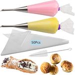 2Pcs Cream Icing Piping Nozzle Tip Stainless Steel,Long Puff Nozzle Tip with 50Pcs Disposable Pastry Piping Bags Cupcake and Puff Filling Kit Decorating Tool Supplies