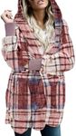 Dokotoo Women's Red Plaid Fleece Open Front Long Sleeve Coat Large