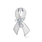 White Ribbon for Awareness Lung Cancer, Blindness, Peace, Holocaust Remembrance Survivor Guardian Angel Crystal Brooch Pin for Women Enamel Silver Plated