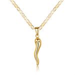 Barzel 18K Gold Plated Flat Marina Chain With Italian Horn Necklace Cornicello - Made In Brazil, 20 Inches, Brass, No Gemstone