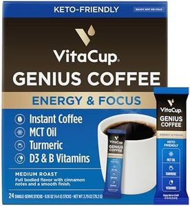 VitaCup Genius Instant Coffee Packets, Increase Energy & Focus, Keto Coffee, Serve Hot or Cold Brew, MCT Oil, Turmeric, B Vitamins, D3, Bold & Smooth,100% Arabica Coffee in Single Serve Sticks, 24 Ct