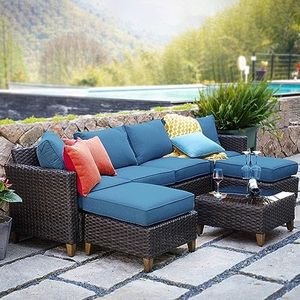 Grand patio Sofa Sets Outdoor Furniture Sets, Wicker Patio Furniture 7-Piece Sectional Sofa with Thick Cushions for Yard Garden Porch for Six (Peacock Blue Sofa Set for Six, 7 PCS)