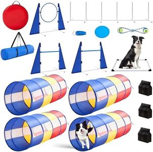 Dog Agility Training Equipment,Course Backyard Set Training Equipment for Dogs Pet Outdoor Game with Yellow, Blue and Red Tunnel, Agility Hurdle, Poles, Jump Ring, Pause Box, Toy Balls and Storage Bag