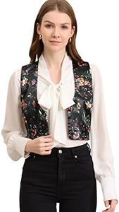 Allegra K Women's Floral Pattern Button Closure Satin Waistcoat Vest Black Large