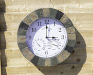 Homezone Large modern slate Wall Clock and Thermometer - Battery Power Operated Quartz Waterproof Weatherproof Garden Clock - Indoor or Outdoor Decorative Ornament Clock for Living Room, Home Decor