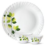 Larah by Borosil Green Leaves Silk Series Opalware Dinner Set | 6 Pieces for Family of 2 | Microwave & Dishwasher Safe | Bone-Ash Free | Crockery Set for Dining & Gifting | Plates & Bowls | White