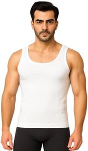 FF Mens Cotton Compression Shirt Slimming Body Shaper Vest Sleeveless Waist Trainer Workout Tank Top Tummy Control Shapewear - White (Large)