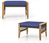 HAPPYGRILL 2 Pieces Outdoor Patio Ottomans, Acacia Wood Outdoor Footstools with Removable Cushions, Multifunctional Outdoor Wicker Footrest, Additional Sating, Navy