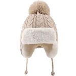 PEECABE Kids Winter Knitted Hat Baby Earflap Beanies Fleece Winter Beanie with Pompom Warm Toddler Hats Boys Girls 0-8Y (Beige, 2-5 Years)