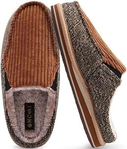 ONCAI Mens House Slippers, Cotton-Blend Plantar Fasciitis Warm Corduroy Wool-like Stripe Faux Fur Clog Arch Support Slippers Slip-on High-Density Memory Foam Indoor Outdoor Rubber Sole Khaki Size 13