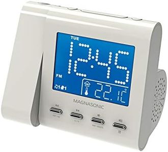 Magnasonic Projection Alarm Clock with AM/FM Radio, Battery Backup, Auto Time Set, Dual Alarm, Nap/Sleep Timer, Indoor Temperature/Date Display with Dimming & 3.5mm Audio Input - White (EAAC601W)