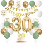 30th Birthday Decorations for Women Men, Happy 30th Birthday Banner with Birthday Cake Topper Number 30 Foil Balloon Sage Green White Gold Birthday Balloons for 30 Year Old Birthday Party Decoration