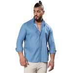 Instafab Plus Men's Electric Blue Classic Button- Up Shirt for Casual Wear | Mandarin Collar | Long Sleeve | Button Closure | Shirt Crafted with Comfort Fit for Everyday Wear