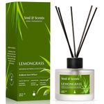 Soul & Scents Glass 120ml Lemongrass Reed Diffuser Set | Free 6 Fiber Reed Sticks | Stress Relief & Aromatherapy | Long-Lasting, Smoke-Free Air Freshener for Home, Bedroom & Office | Ideal for Gifting