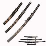 3pc Set Japanese Samurai Sword with Display Stand,Iaido Katana Engraved with Dragon Pattern On The Scabbard