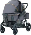 Pamo Babe All-Terrain Wagon Stroller for Two Kids, Double Stroller with Push or Pull Handle, Canopy, Storage Basket, Dinner Plate, Oversized Damping Wheels, Mosquito Net and Rain Cover Grey