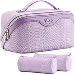 BOYATU Travel Makeup Bags for Women: 3 Pcs Set Wide Open Cosmetic Bag - Portable Make up Bags with Handle - Vegan Leather Toiletry Organizer Bag with Divider (G-01-Purple)