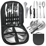 11Pcs Camping Cutlery Set - Stainless Steel Portable Picnic Utensils with Plates, Grill Tong, and Bottle Opener - Ideal for Road Trips, Picnics, and Camping Adventures