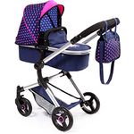 Bayer Design 18454AA Neo Vario doll's pram with changing bag and shopping basket, convertible into a sports car, height adjustable, modern, blue with unicorn and heart pattern