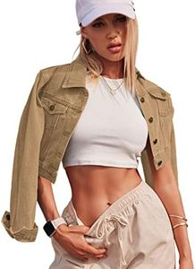 Grabsa Denim Jacket for Women Cropped Button Down Long Sleeve Jean Jacket with Pockets