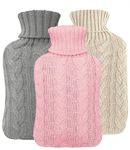 3 Pack 2L Hot Water Bottle with Cover UK - Natural Rubber 2 Litre Hot Water Bottle - Perfect Hot Water Bag for Pain Relief, Hand Feet Warmer & Cold Compress (Cream Bottles x1 Cream, Grey Pink Cover)