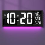 YORTOT 16” Large Digital Wall Clock with Remote Control and 7 Night Light, 4 Level Dimmer, Big LED Clock with Indoor Temperature, Date, Wall Mount/Fold Out Stand, Perfect for Home, Office, Gym (White)