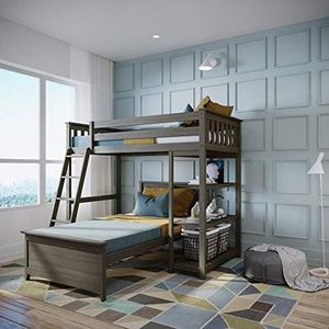 Max & Lily L Shape Twin over Twin Bunk Bed with Bookcase, Clay