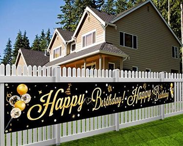 HOWAF Decoración de Fiesta de Cumpleaños de Oro Negro, Extra Largo Póster de Tela Cartel para Mujer, Hombre Aniversario Feliz Cumpleaños Pancarta de Fondo Materiales de Fiesta de Cumpleaños