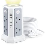 Tower Extension Lead with USB Slots and Night Light, 20W USB C Fast Charger, (13A 3250W)5 USB Ports & 8 Way Extension Tower, Surge Protected Extension Lead with 4 Switches, 3M Extension Cable