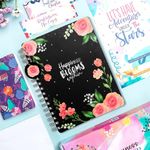 Doodle B5 Happiness Planner Kit - Start Anytime of the Year Planner | 268 Pages | 12 Monthly Planners | To Do List | 18 Activity Pages | 250+ Stickers | Pocket Notebook | Pin up Quote Cards | Wiro Bound (Blushing Blossom)