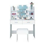 AWOOOD White Dressing Table,Dressing Tables with Lights & Mirror,Vanity Makeup Table Set with 2 Large Drawers & Stool for Girls