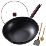 Teewe Carbon Steel Wok -12.9 Inch Woks & Stir-Fry Pans Nonstick, Wok Pan with Glass Lid Spatula and Dish Brush: Pre-Seasoned Flat Bottom Chinese Woks for Induction, Electric, Gas, All Stoves