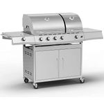 BillyOh Dallas Gas BBQ Grill 5 Burner + Side Burner with Side Table Shelves and Cover Storage Premium Stainless Steel Outdoor Gas Barbecue Grill