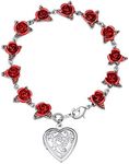 U7 Valentines Rose Flower Bracelet Platinum Plated Link Chain Cute 12 Roses Floral Chain Bracelets with Heart Locket that Can Holds Memory Picture (Adjustable)